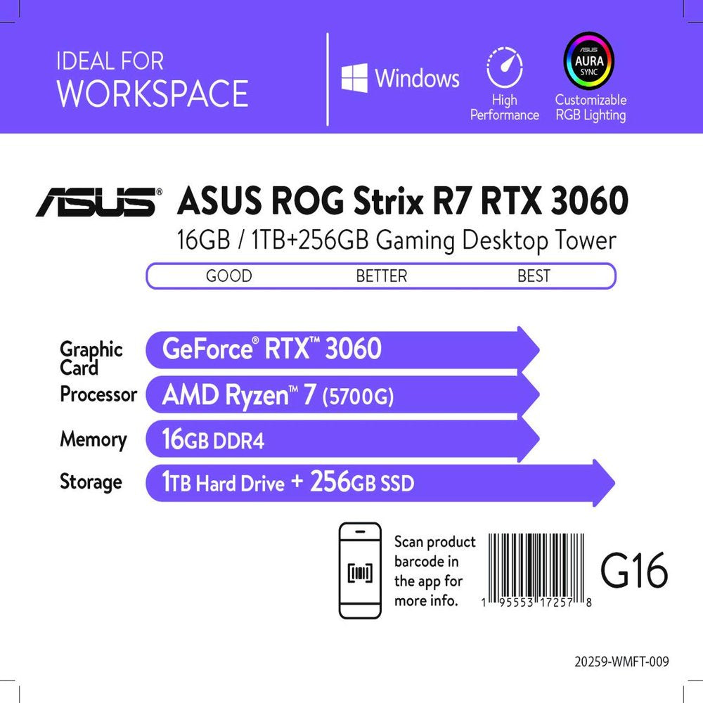 ROG Strix Gaming Desktops, AMD Ryzen 7 5700G, 16GB RAM, NVIDIA Geforce RTX 3060 12GB, 1TB HD & 256GB SSD, Windows 10, Gray, G10DK-WB764